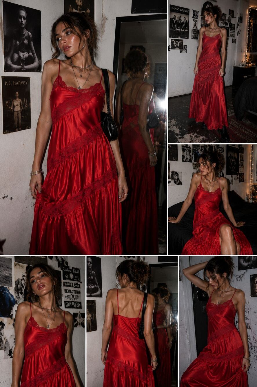 Vintage Red Satin Lace Maxi Slip Dress Lingerie Goth Coquette Cottagecore